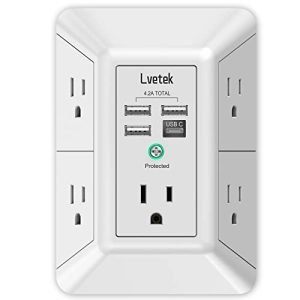 USB Wall Charger，LVETEK Surge Protector 5 Outlet Extender with 4 USB Ports (1 USB C Outlet) 3 Sided 1680J Power Strip Multi Plug Outlets Wall Adapter Spaced for Home Travel Office ETL Listed