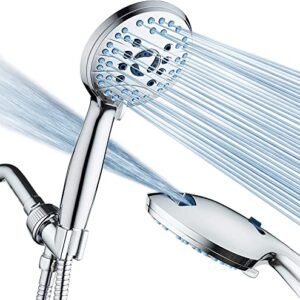 AquaCare AS-SEEN-ON-TV High Pressure 8-mode Handheld Shower Head - Anti-clog Nozzles, Built-in Power Wash to Clean Tub, Tile & Pets, Extra Long 6 ft. Stainless Steel Hose, Wall & Overhead Brackets