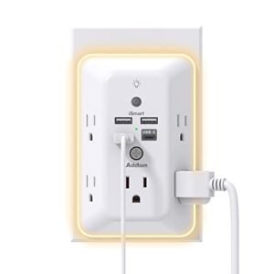 Surge Protector, Outlet Extender with Night Light, Addtam 5-Outlet Splitter and 4 USB Ports(1 USB C), USB Wall Charger Power Strip, Multi Plug Outlet for Home, Office, School, ETL Listed